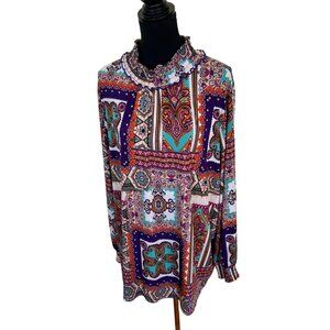 Susan Graver Womens Boho Print Long Sleeve Tunic Top 3X High Neck 70s Style